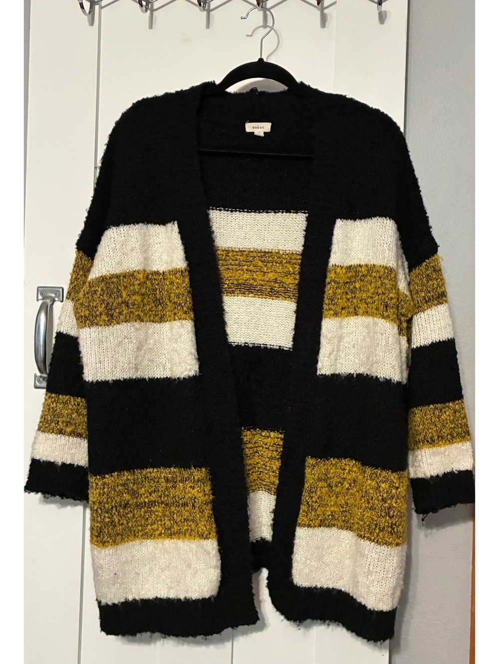 Debut Striped Open-Front Cardigan – Black, White & Gold – Size S/M